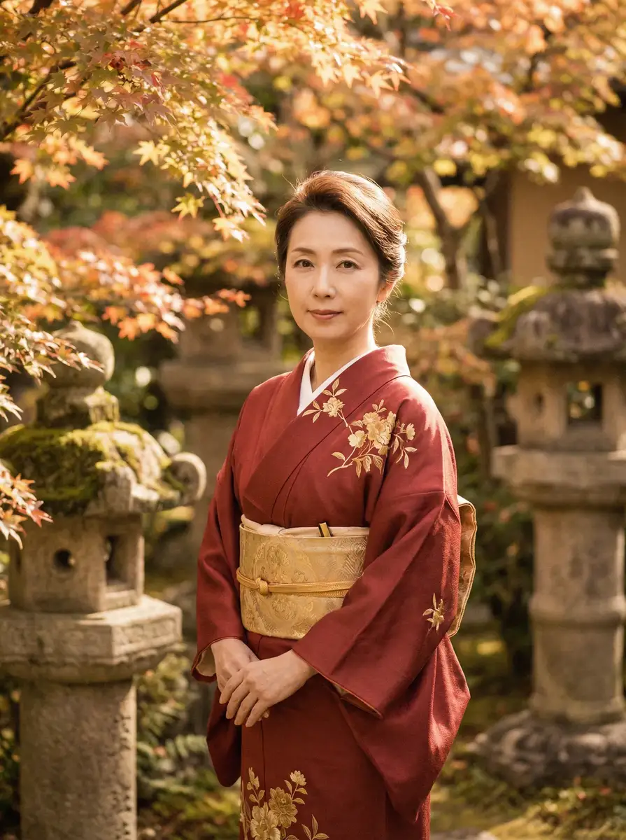 一位身穿暗红色和服的优雅 俄罗斯美女 在日式庭院中