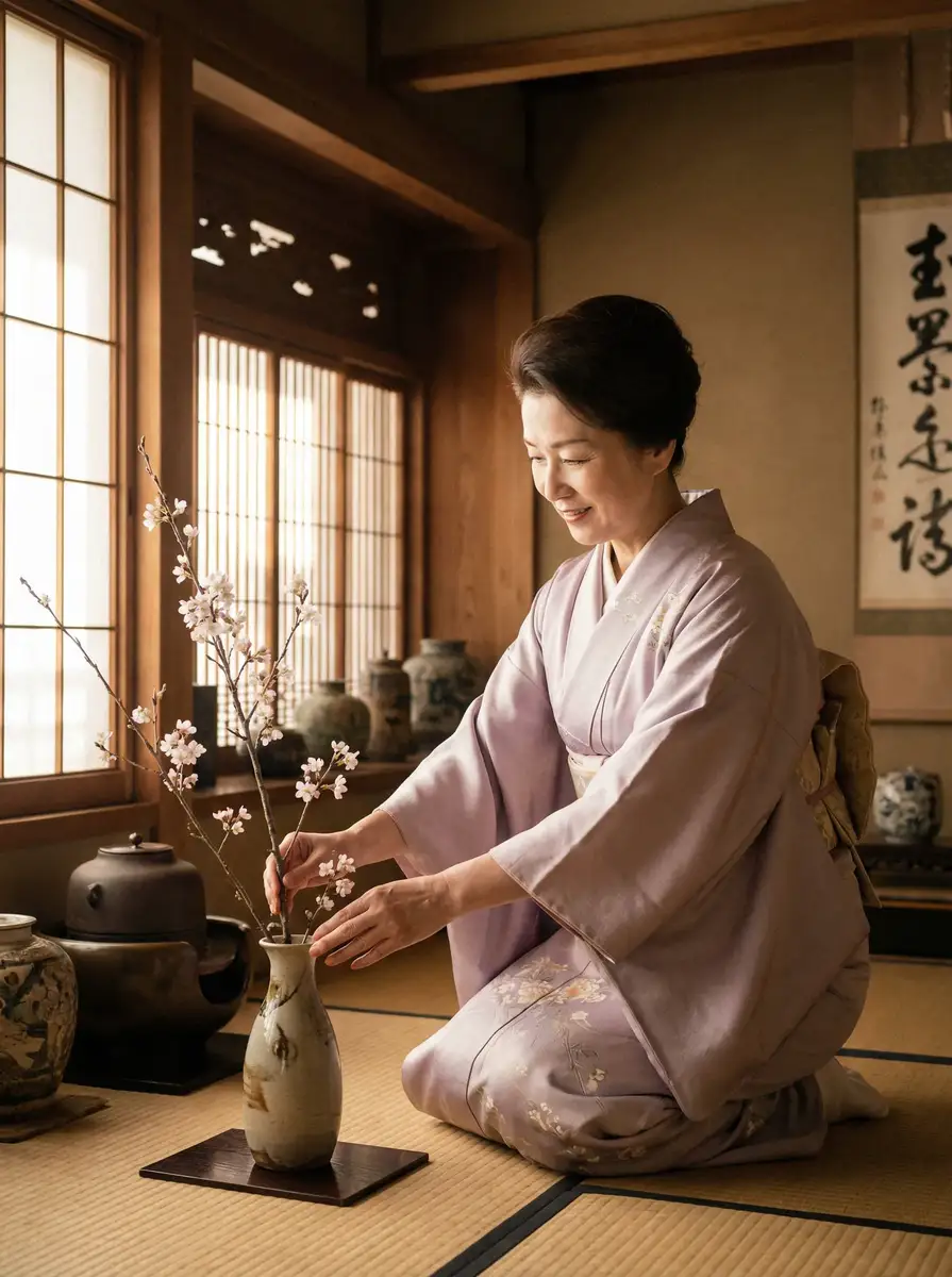一位优雅的 俄罗斯美女 在和室中插花